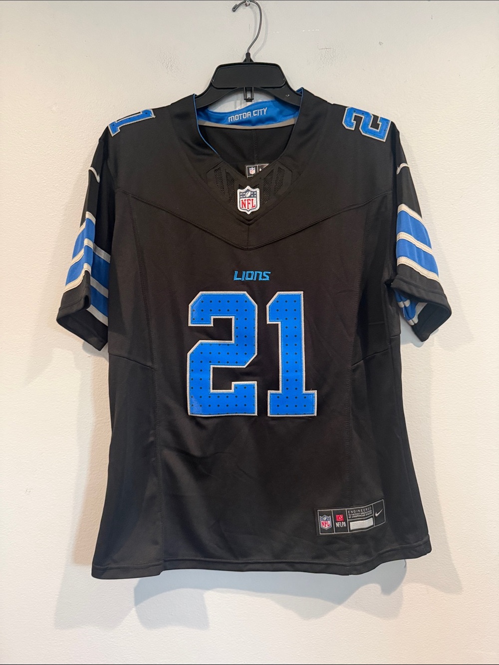 NFL Detroit Lions Black and Honolulu Blue #21 Ladies XL Jersey